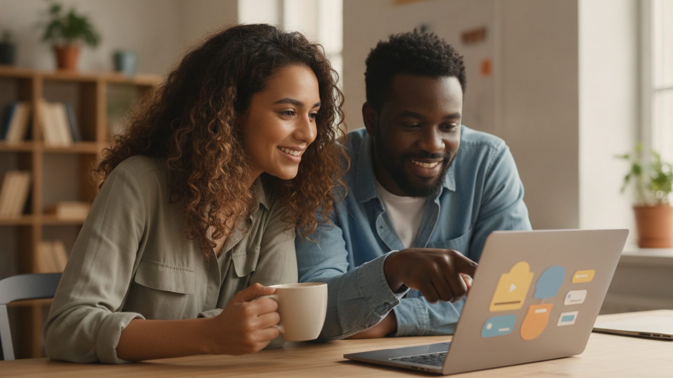 Two coworkers reviewing and editing a video draft together on a laptop in a warm office