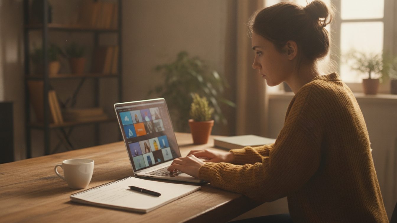 A woman editing a video on a laptop at a warm wooden home office desk