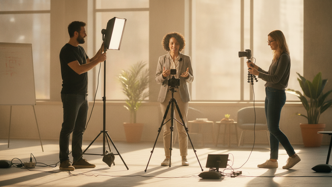 A small team filming a person speaking to camera during a live video shoot in a modern workspace