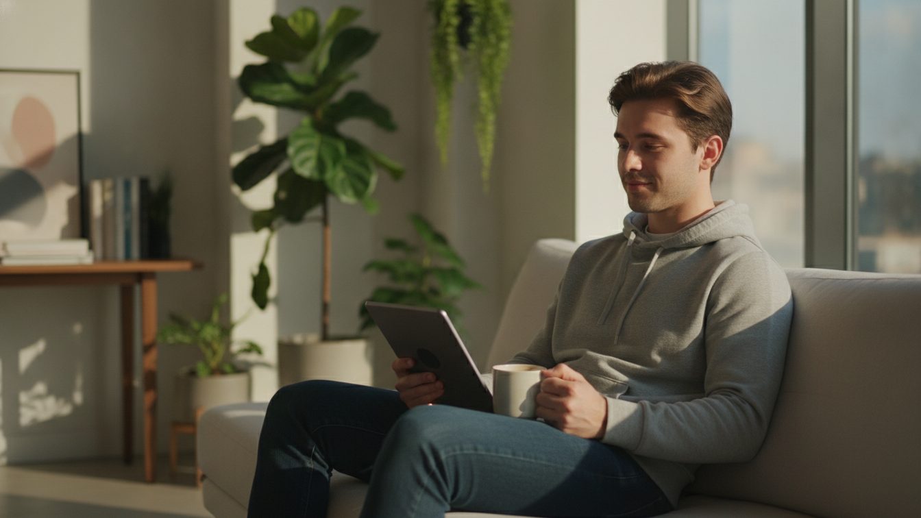 Employee watching a short informational video on a tablet while holding coffee at a sunlit desk