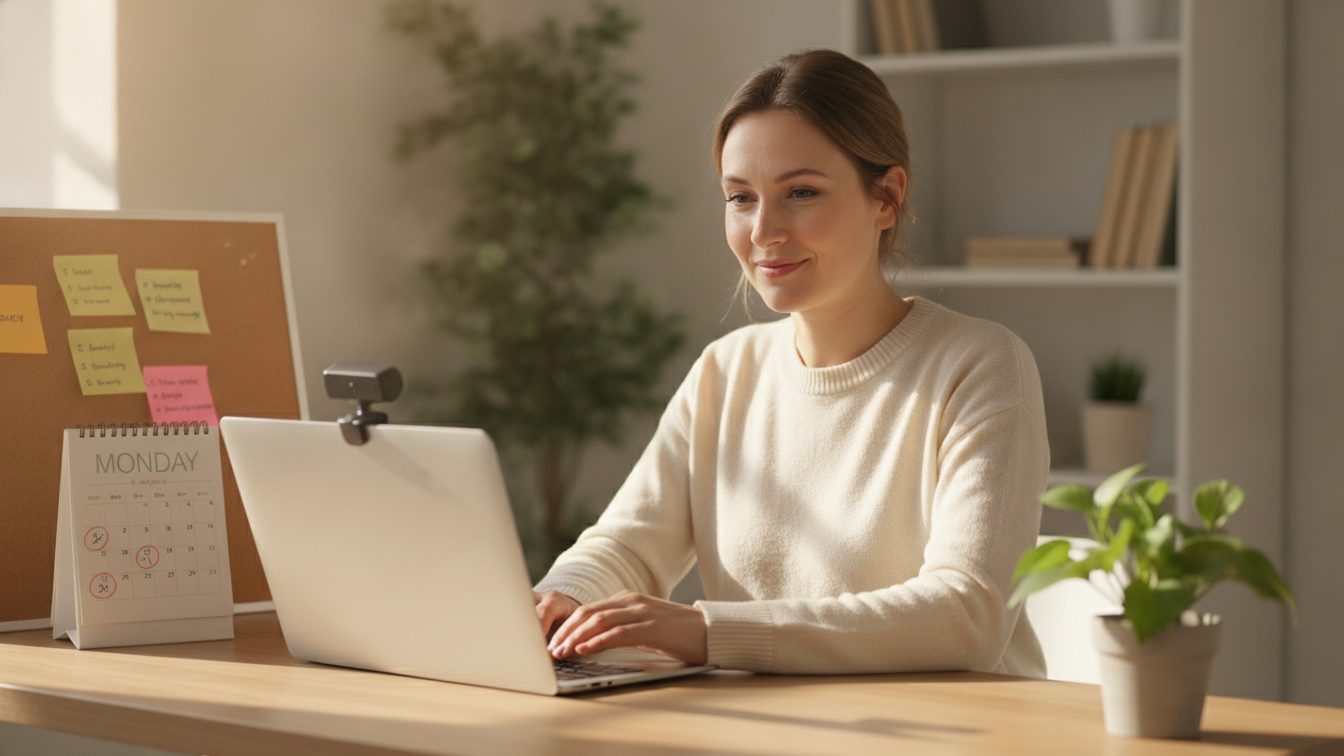 Woman at a desk recording a recurring weekly update video with a webcam
