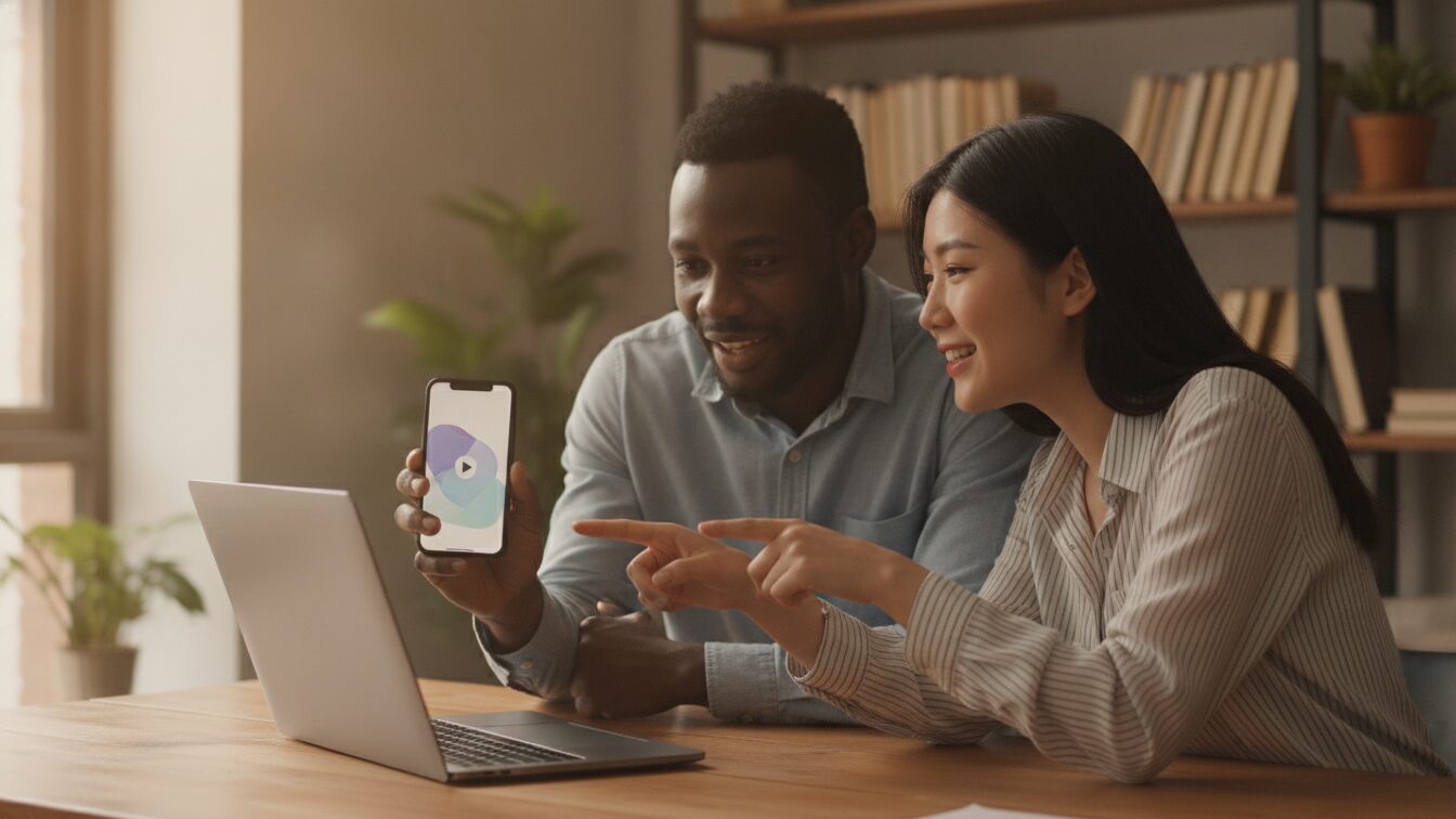 Two coworkers reviewing a vertical social video on a phone and laptop at a warm office desk