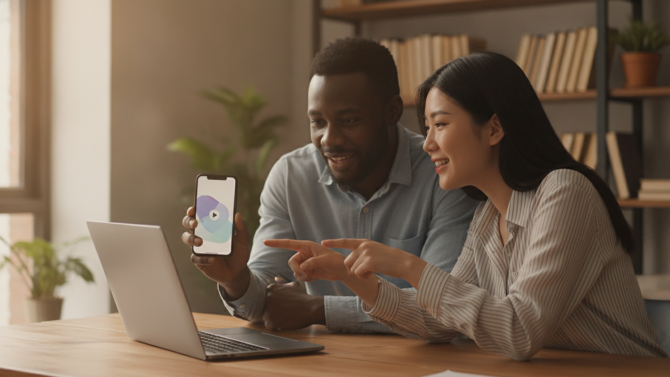 Two coworkers reviewing a vertical social video on a phone and laptop at a warm office desk