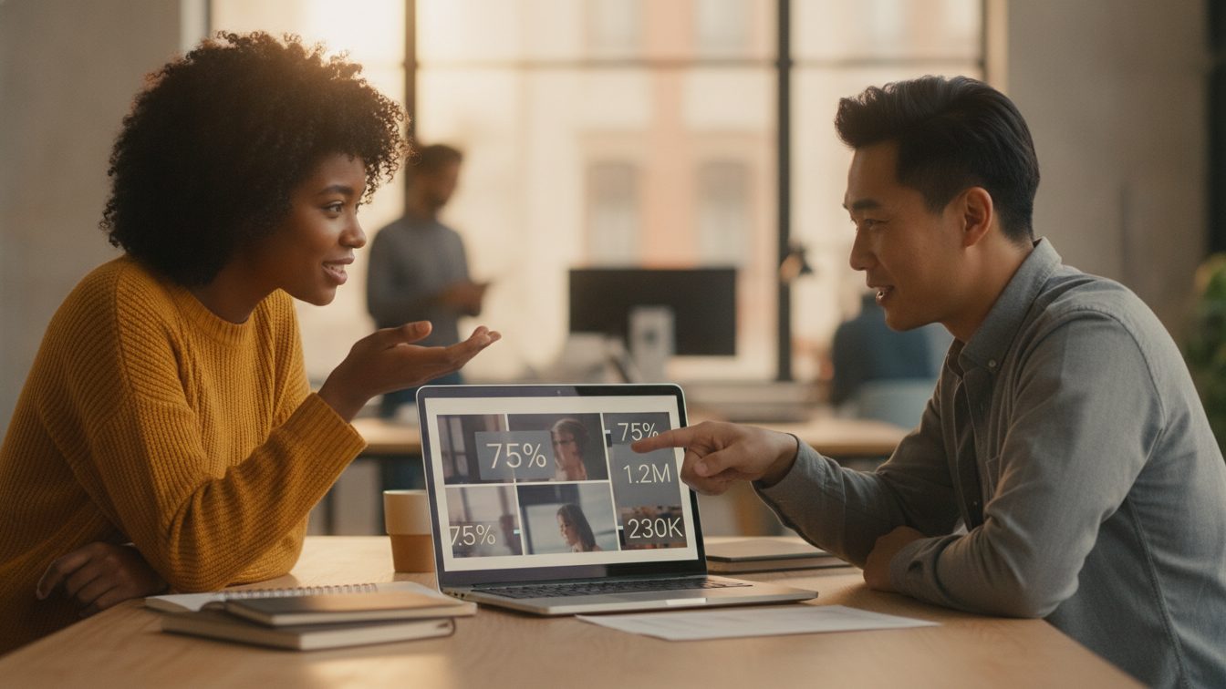 Two coworkers reviewing a short proof video with stat callouts on a laptop