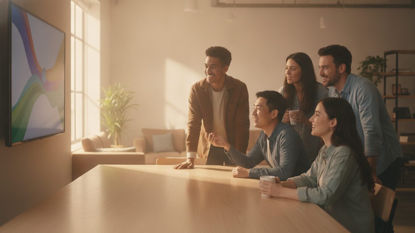 Diverse team watching a company update video on a screen in a modern office