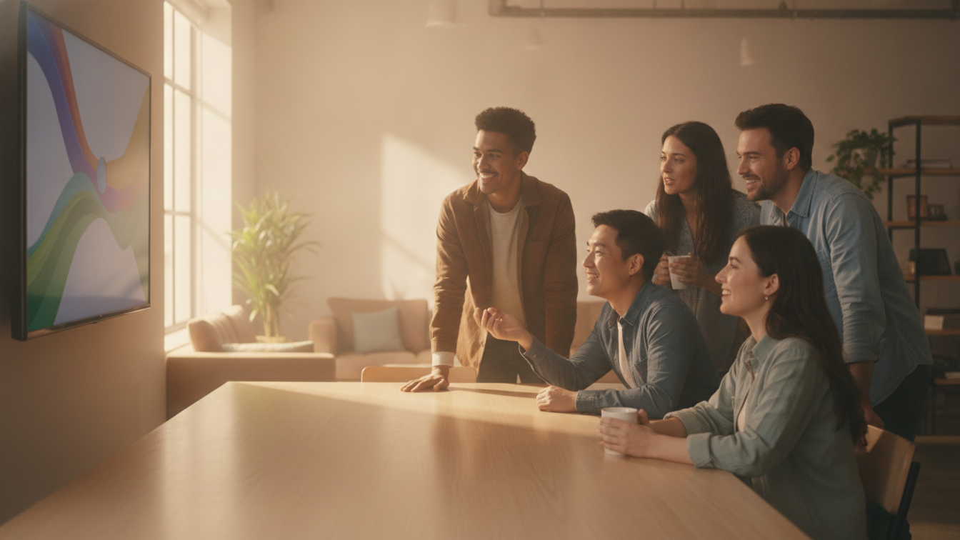 Diverse team watching a company update video on a screen in a modern office