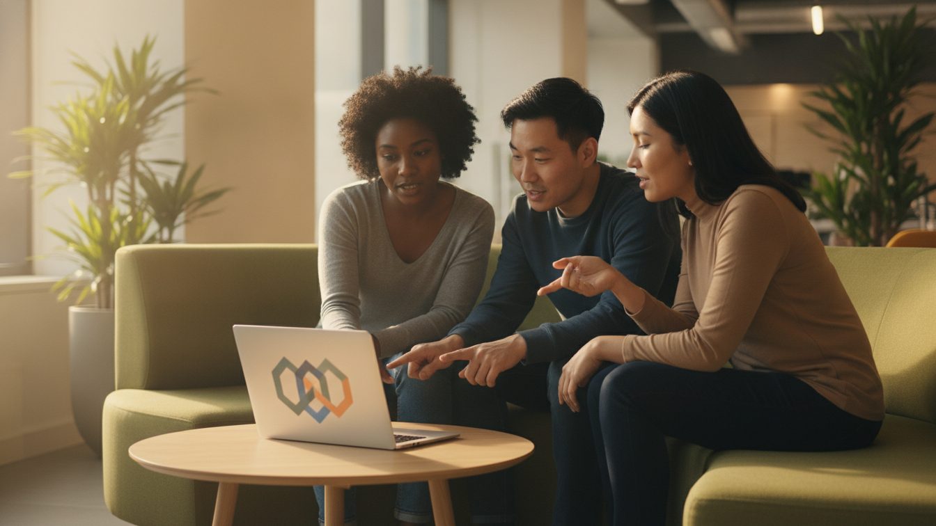 Diverse team reviewing a video together on a laptop in a modern office