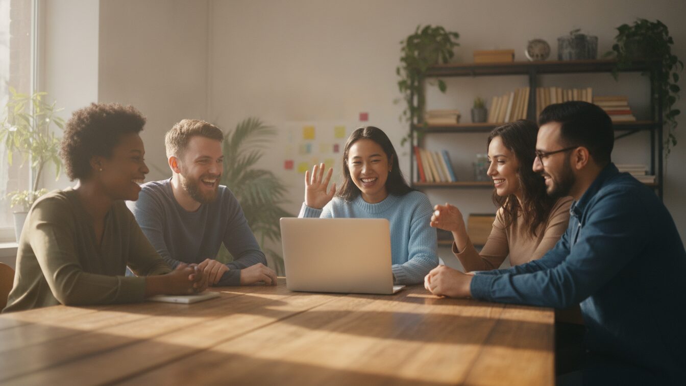 A diverse team smiling and waving around a laptop while recording a friendly welcome clip in a warm office