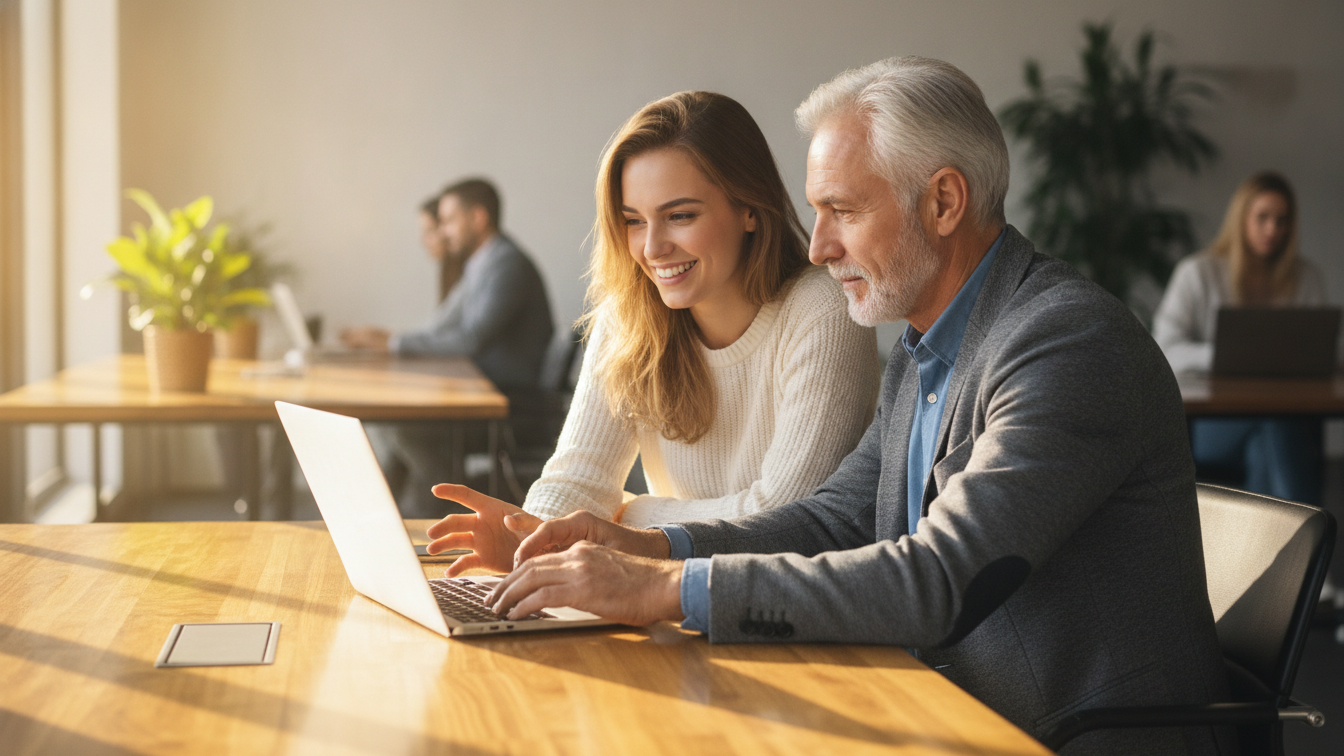 Two colleagues collaborating at a laptop in a warm modern workspace