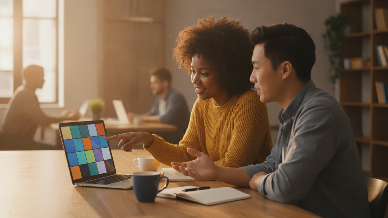 Two coworkers reviewing video scene blocks on a laptop in a warm co-working space