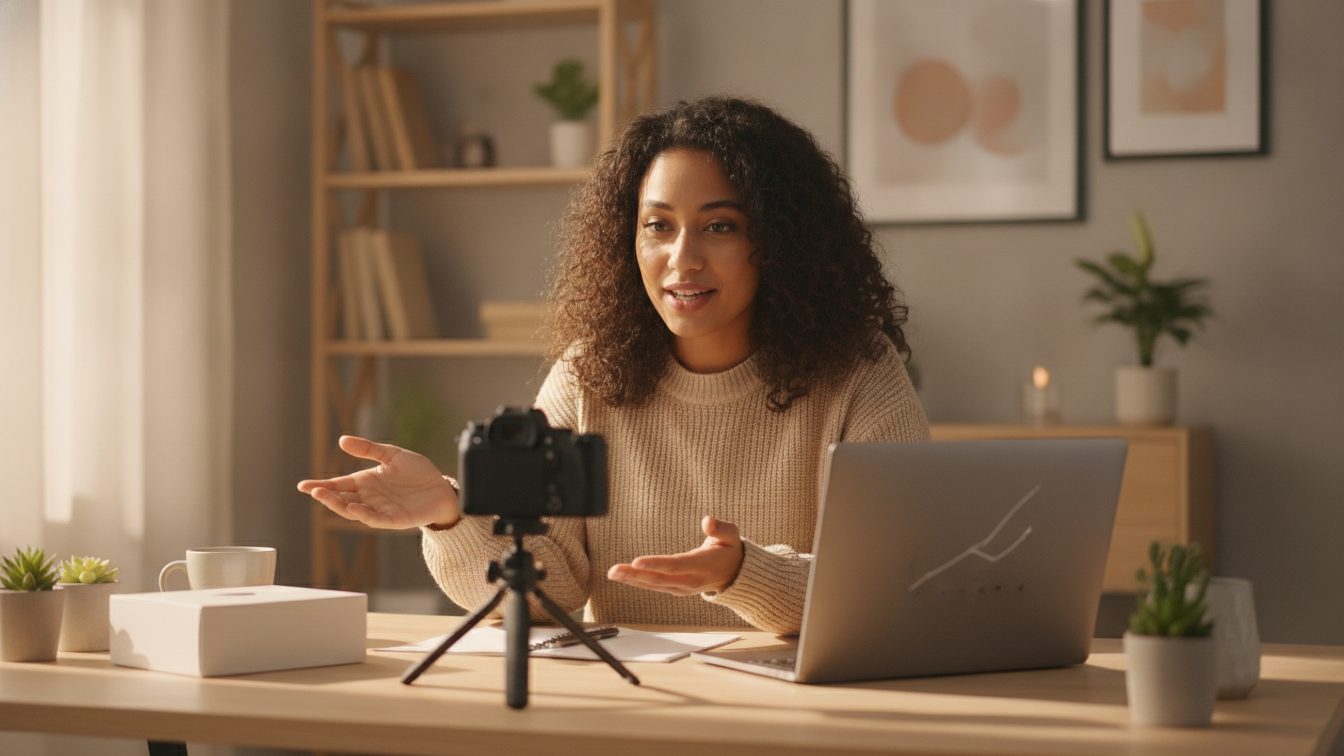 Professional recording a product demo video at a desk with a camera and laptop in a warm office