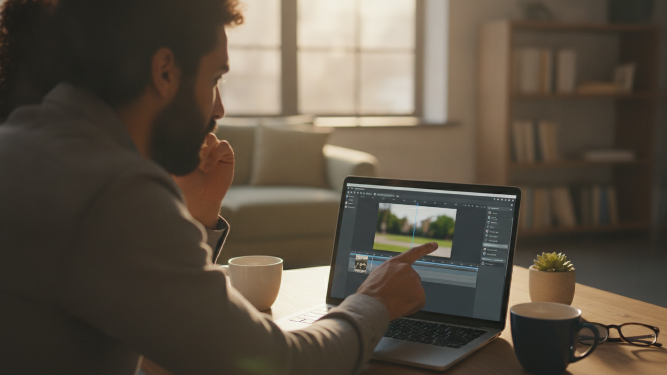 Two colleagues collaborating at a laptop to trim a video clip in a modern workspace