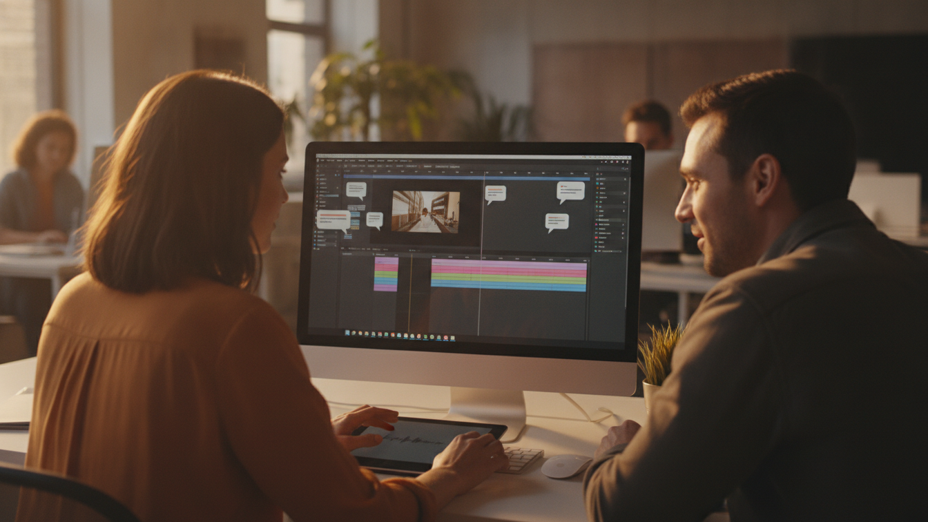 Two coworkers adding feedback notes on a video project shown on a monitor
