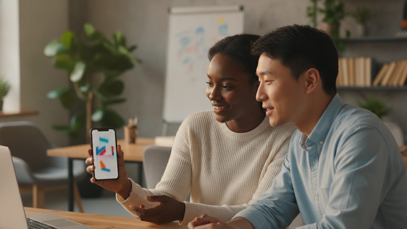 Two colleagues reviewing a short vertical video ad on a smartphone in a modern workspace