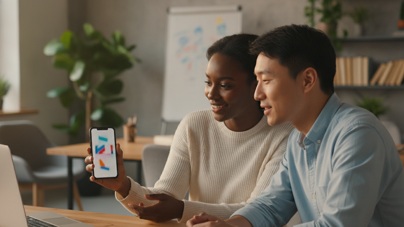 Two colleagues reviewing a short vertical video ad on a smartphone in a modern workspace