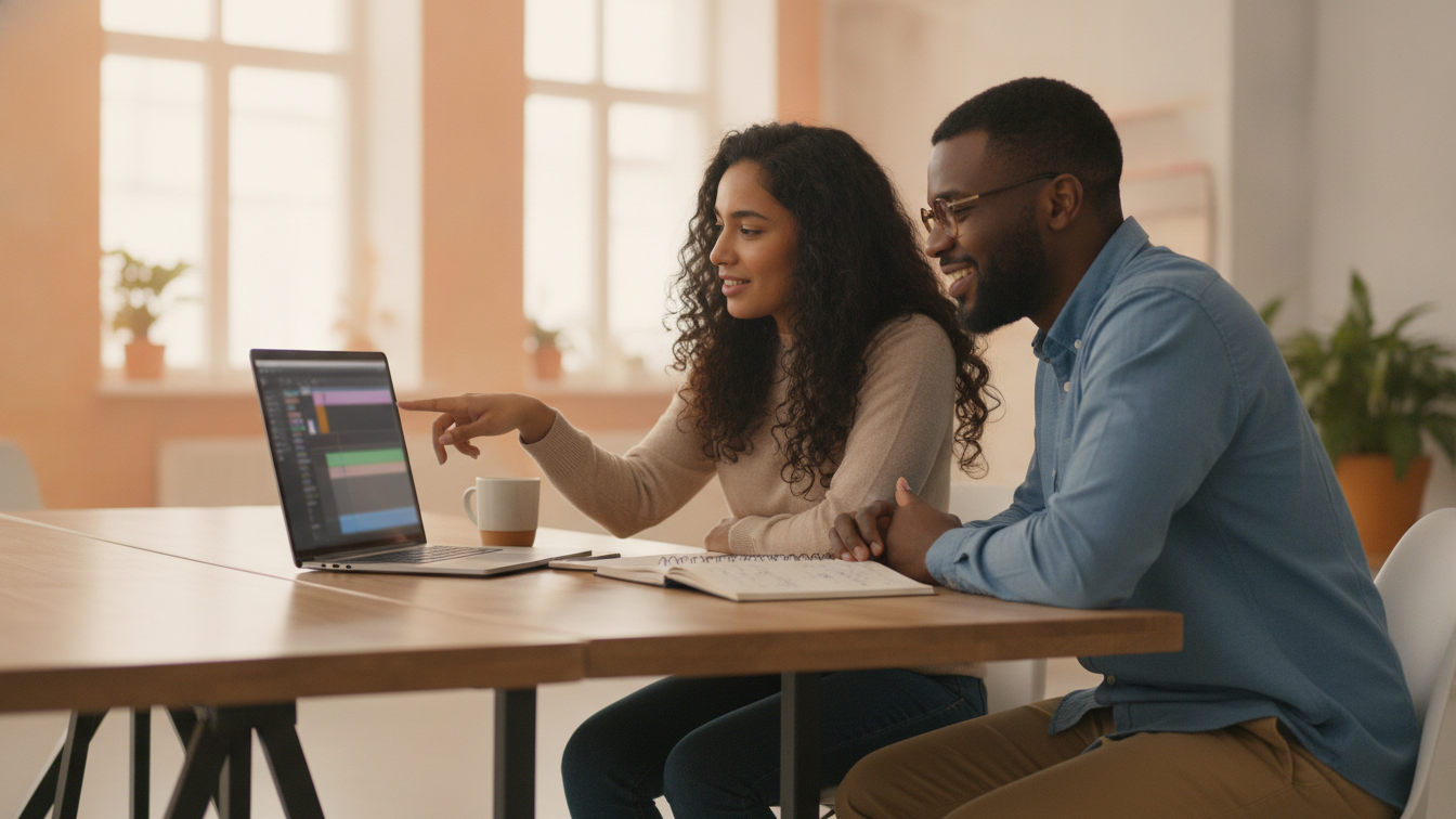 Two colleagues collaborating on a video project at a laptop in a modern office