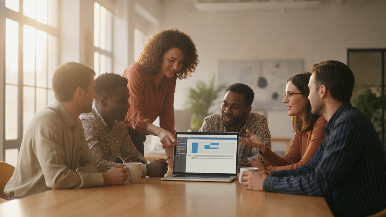 Diverse comms team collaborating on a video project around a laptop in a modern office