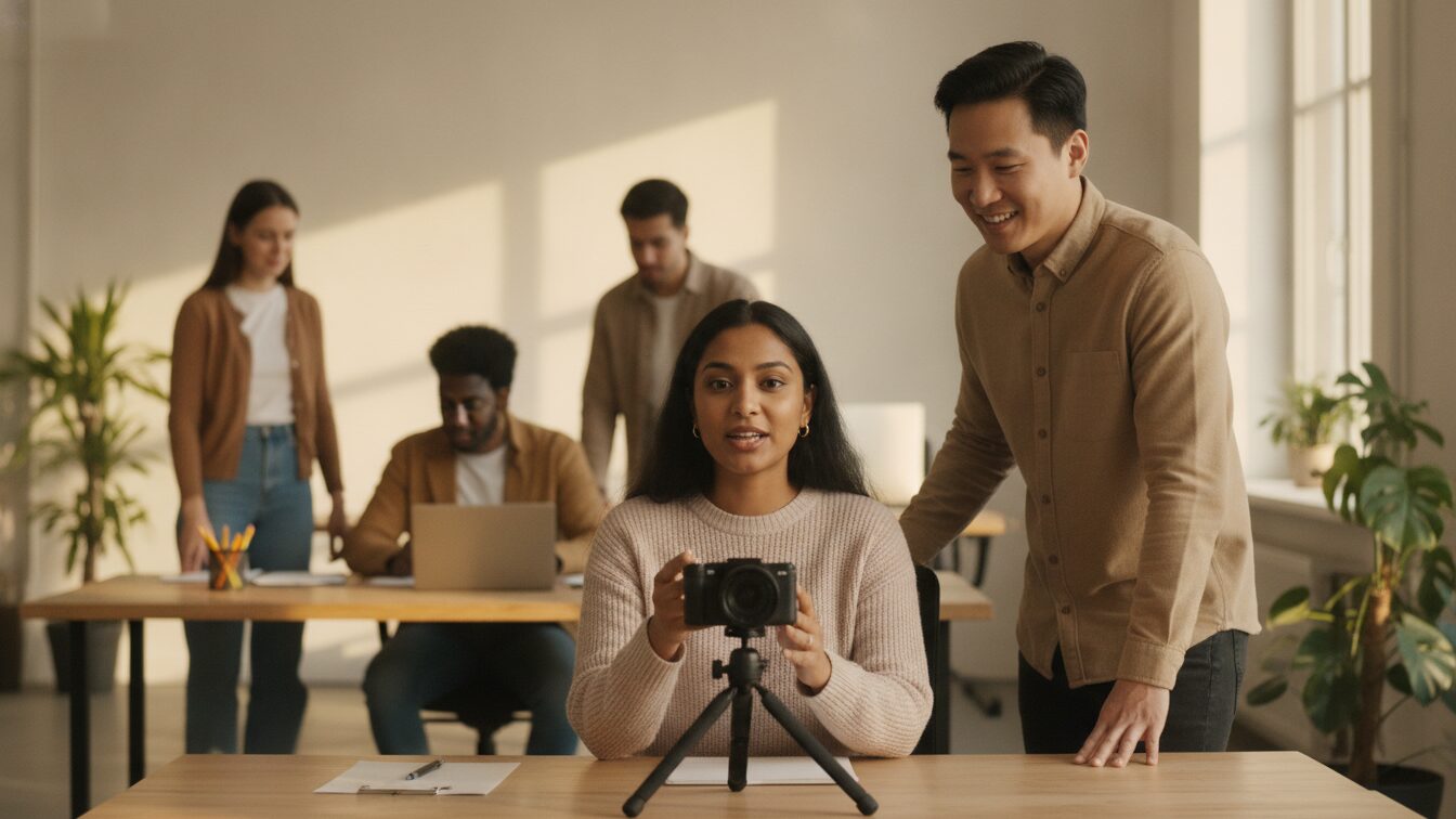 Employee being filmed on a phone at their desk for a short recruiting video in a warm workspace