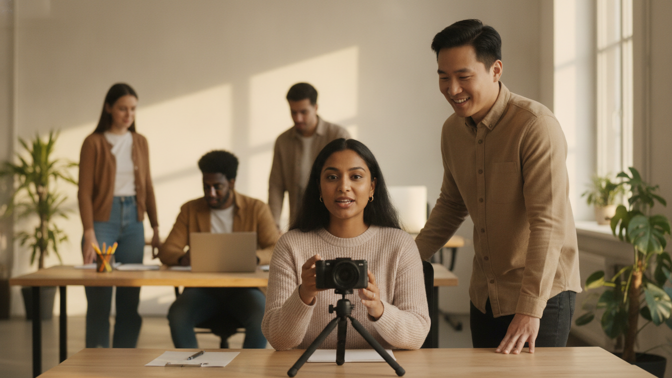 Employee being filmed on a phone at their desk for a short recruiting video in a warm workspace