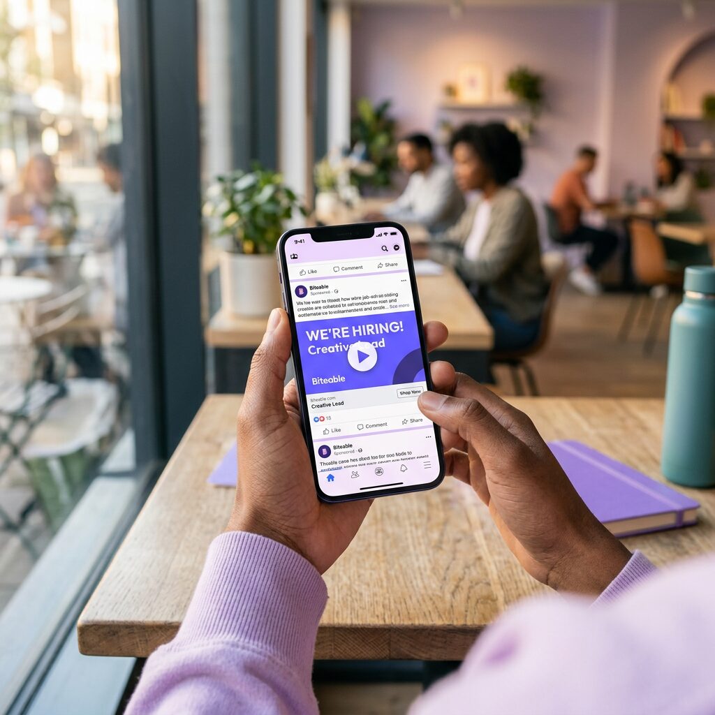 A person scrolling through a professional social media platform and stopping to watch a video about a job opening.