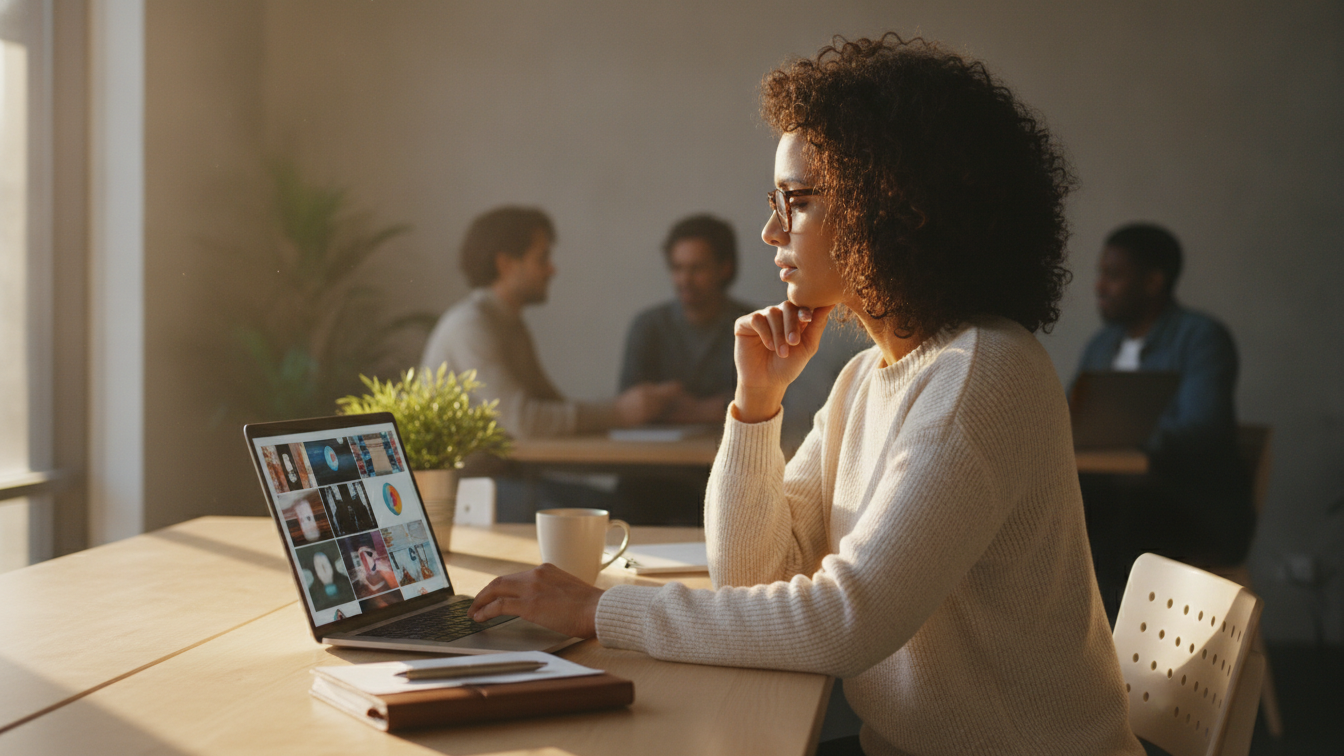 Recruiter editing short clips into a job ad video on a laptop at a warm modern desk