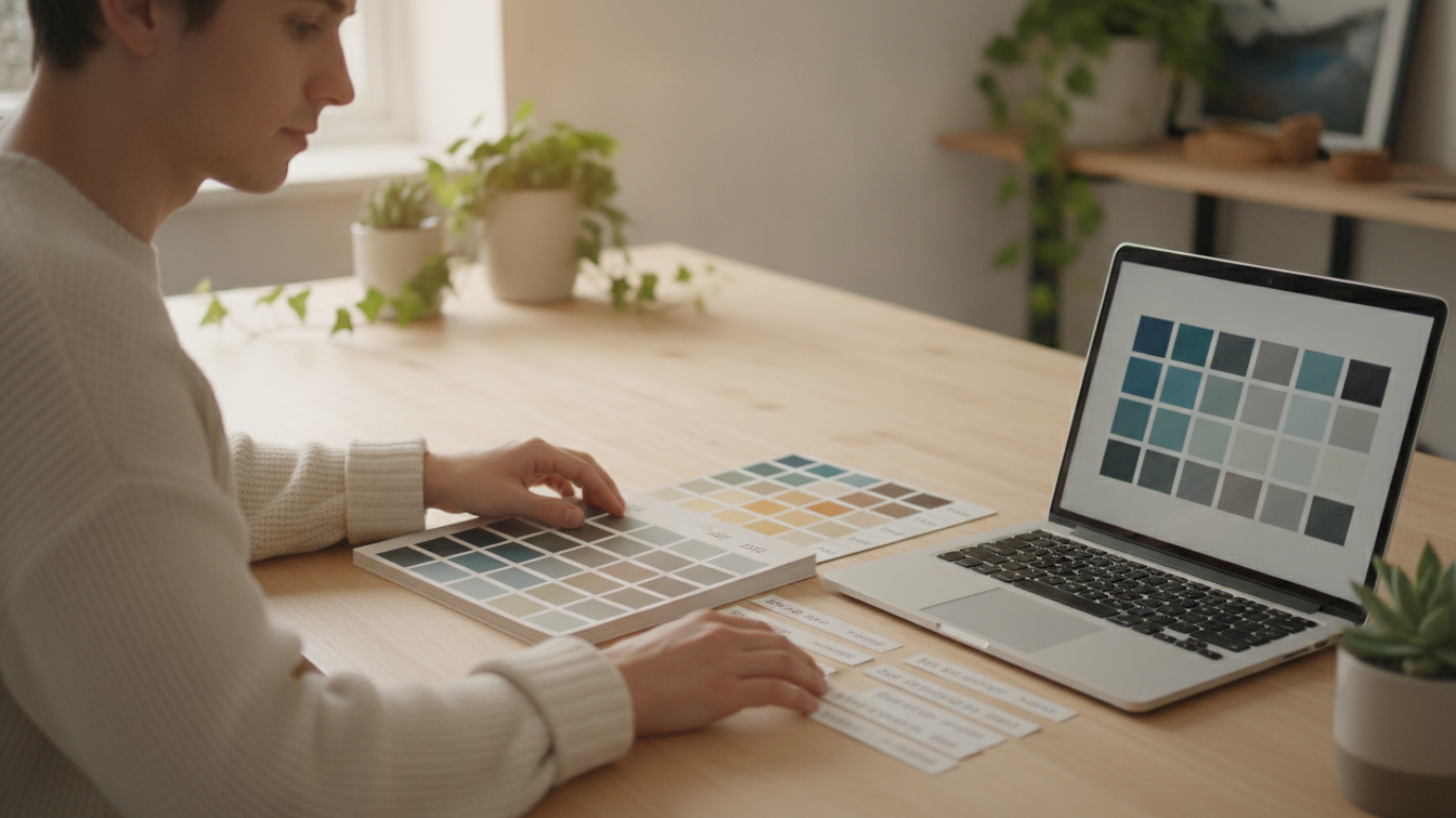 Designer selecting brand colors and fonts from a swatch card beside a laptop at a tidy desk