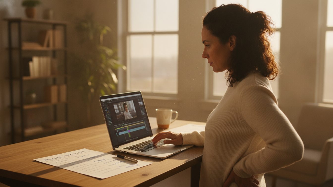 Woman editing an SOP video on a laptop next to a checklist with handwritten notes
