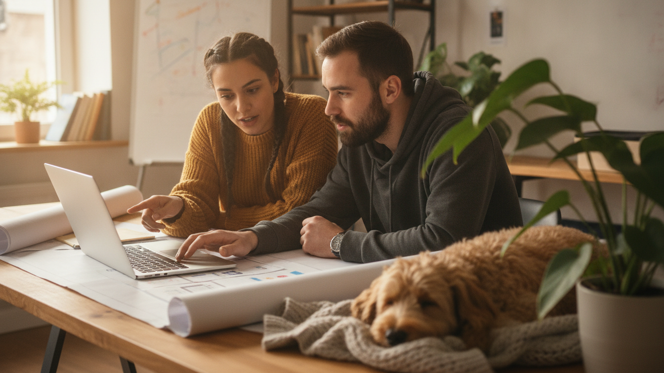 Two coworkers discussing a design mockup at a shared desk with a dog nearby