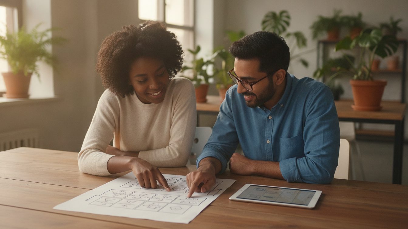 Two coworkers planning a video script and shot list together at a table
