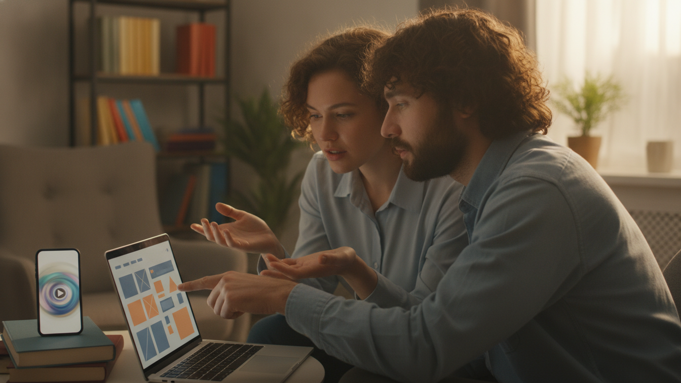 Two marketing teammates collaborating on a launch video at a laptop in a warm modern workspace