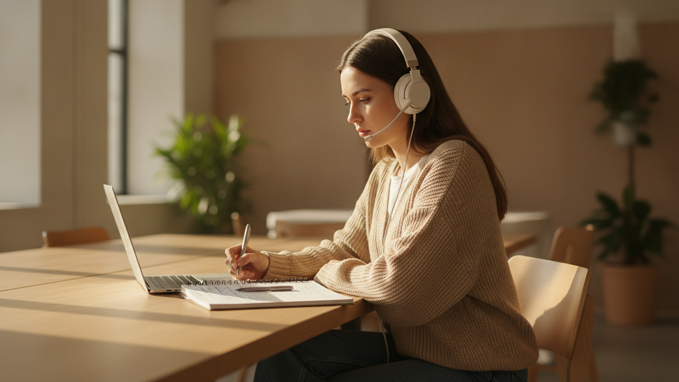 Person recording a voiceover on a laptop with headphones and outline notes