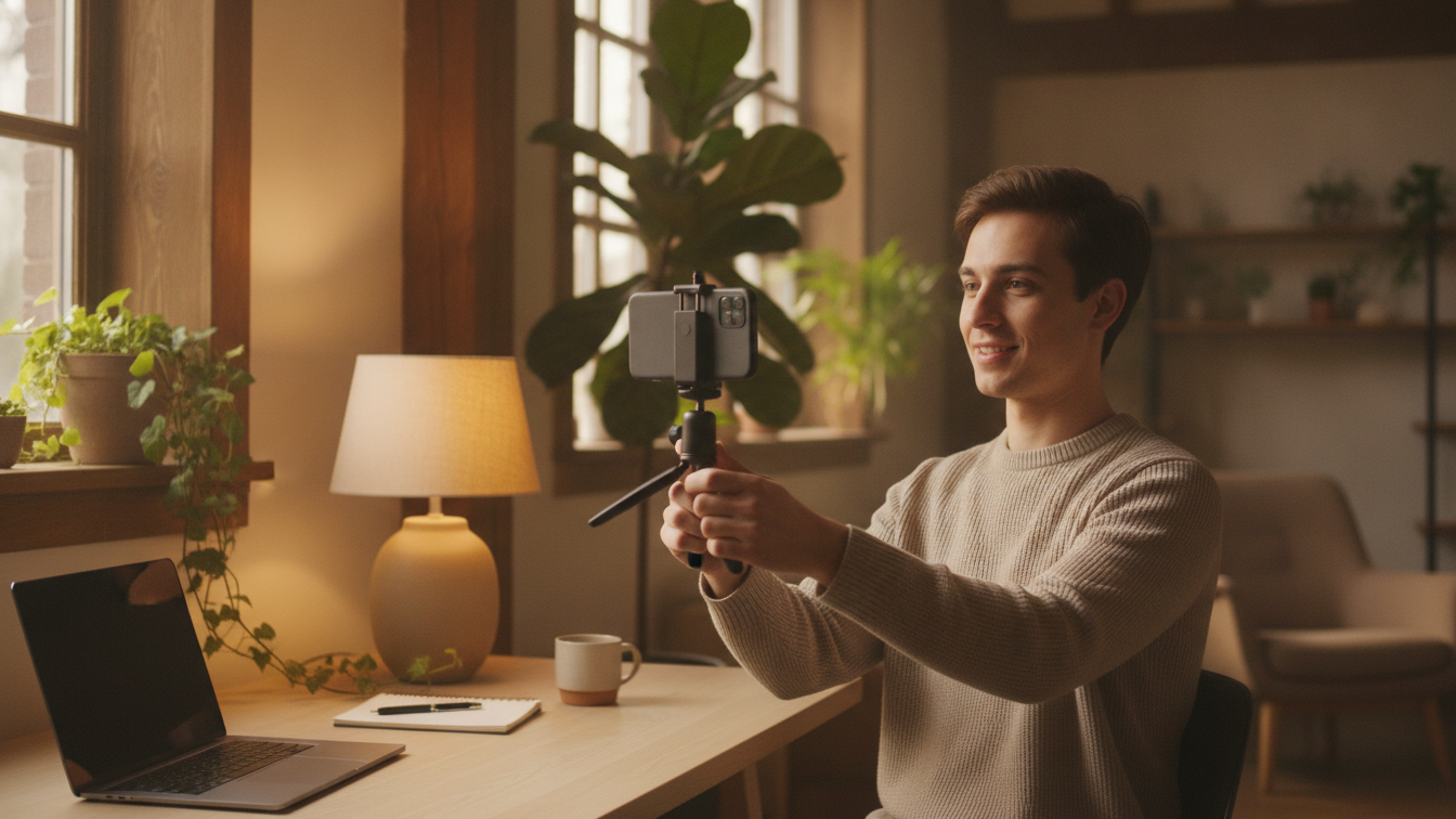 Content creator filming a short vertical video on a phone tripod in a warm modern workspace