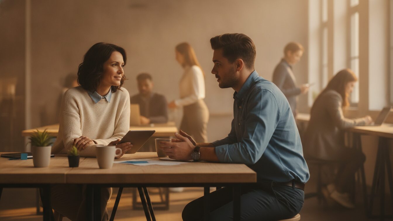 Manager and employee in a candid one-on-one conversation about on-the-job progress
