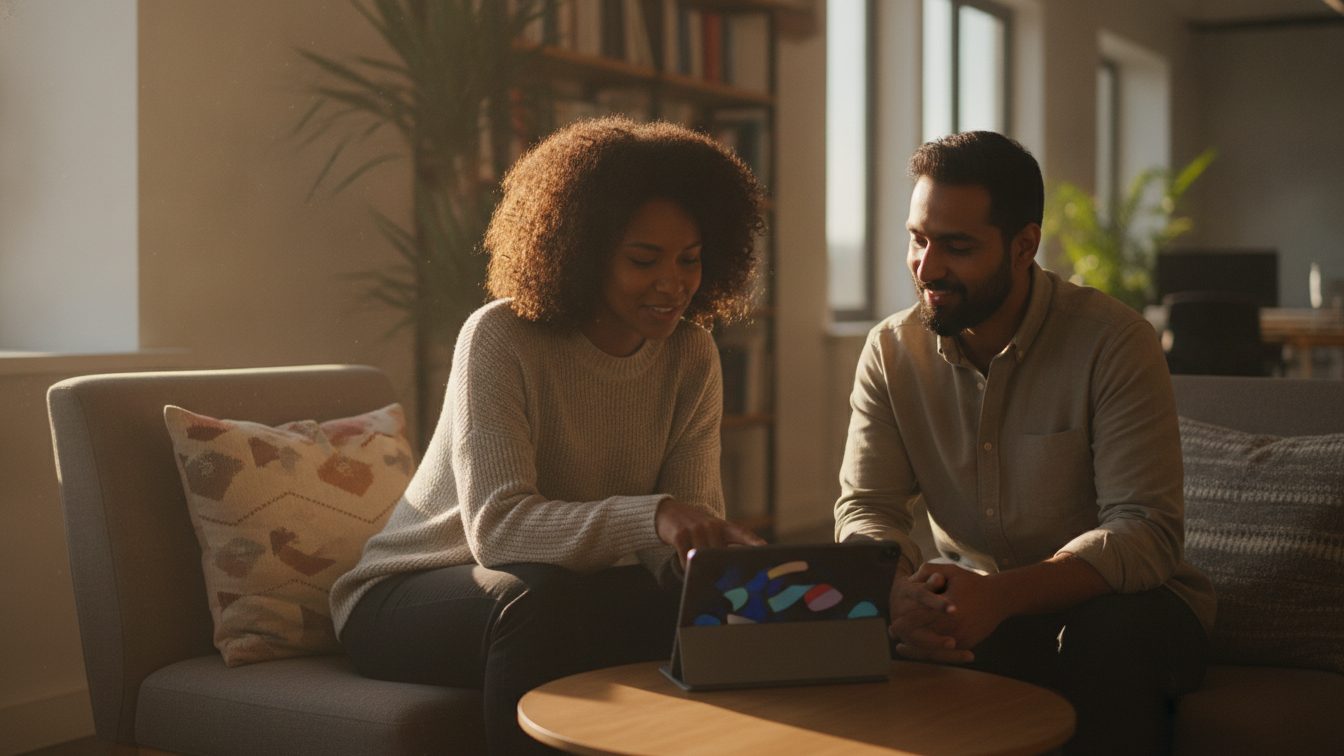 Two colleagues reviewing a short lesson on a tablet in a warm, casual office setting