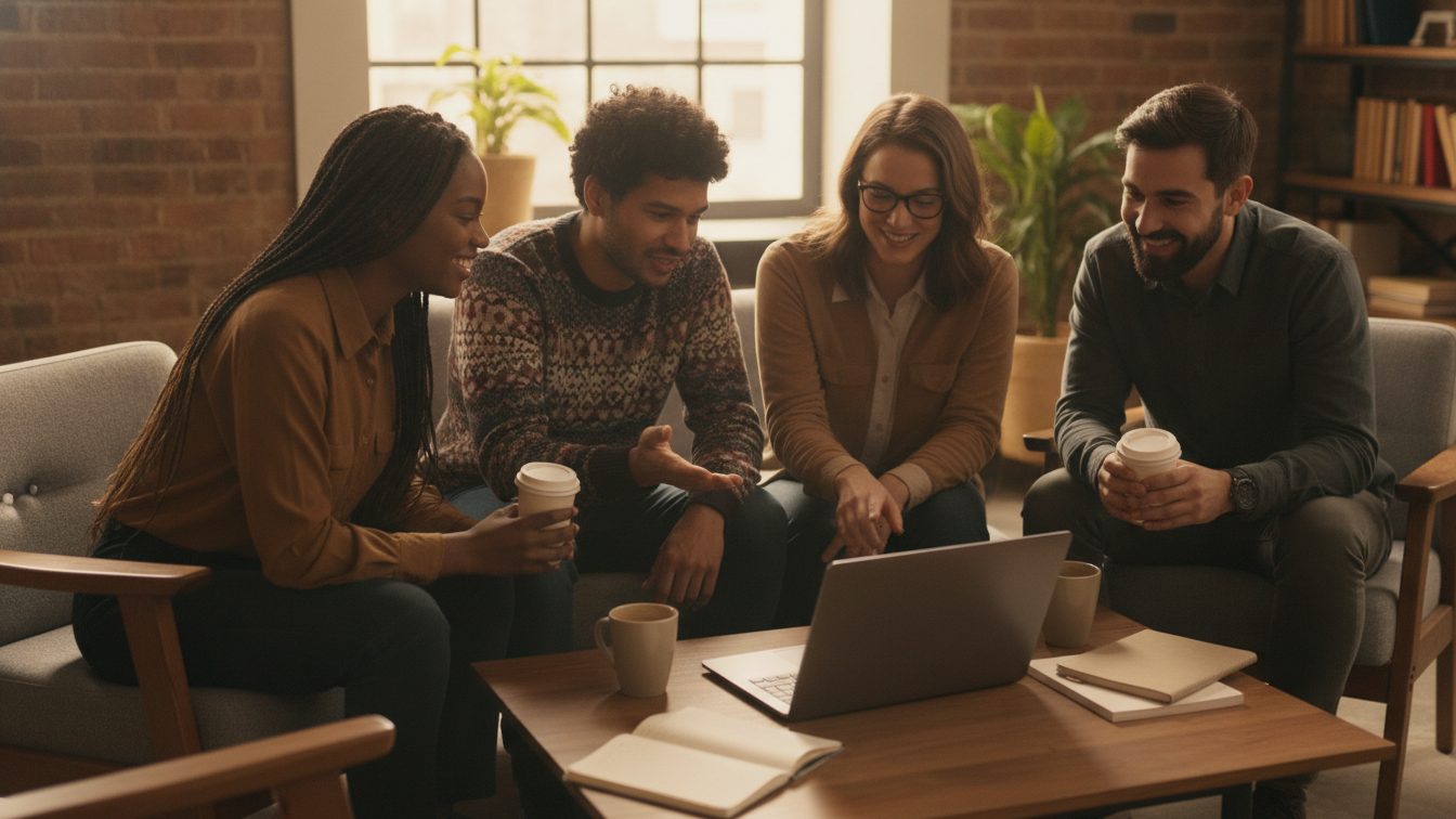 Diverse team collaborating around a laptop to plan a new hire welcome video