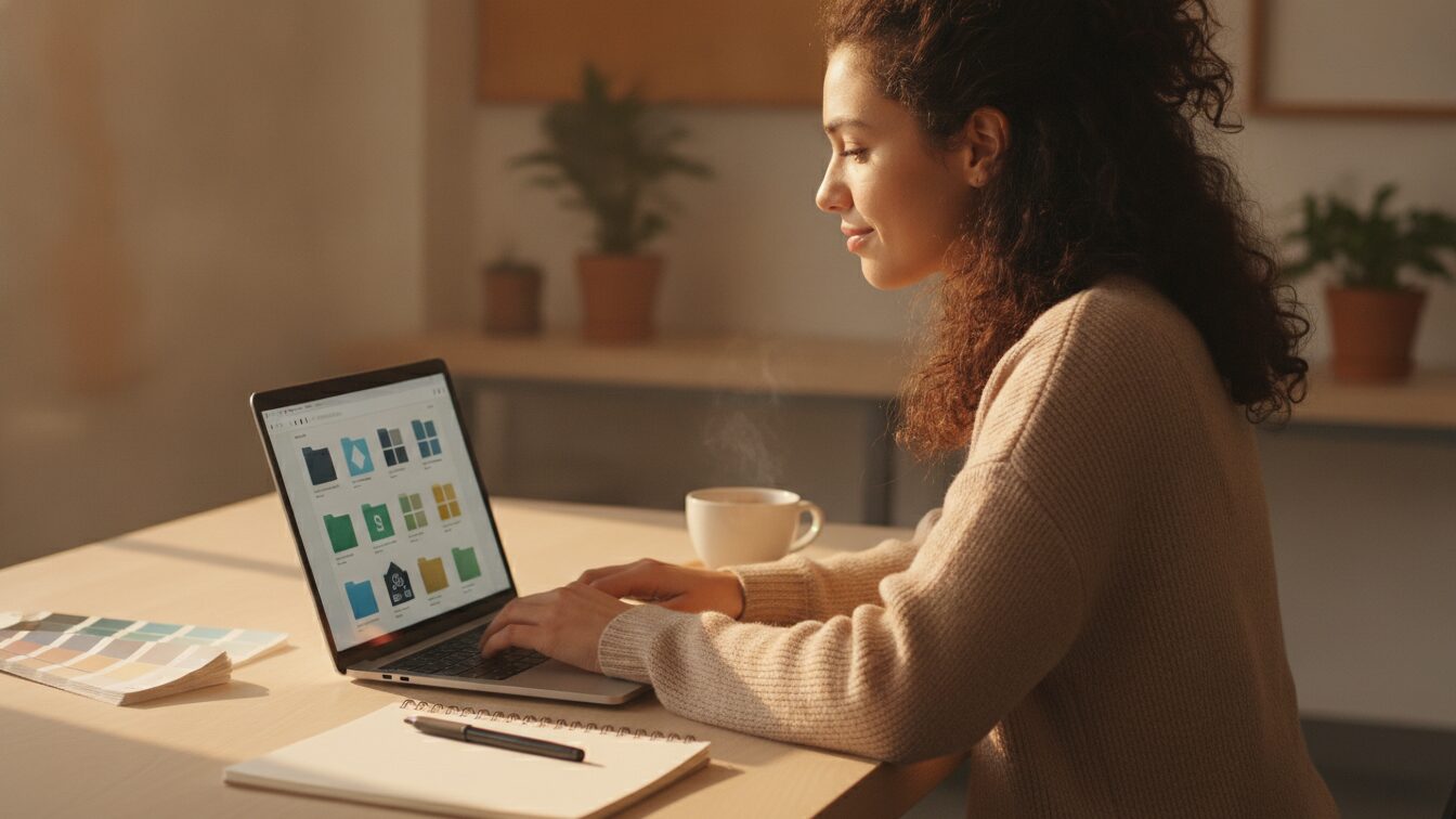 Woman setting up brand colors and assets on a laptop with color swatch cards on her desk