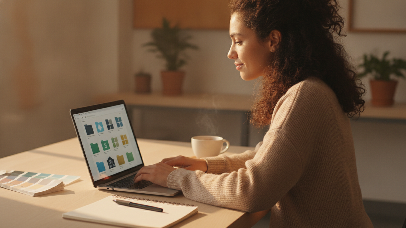 Woman setting up brand colors and assets on a laptop with color swatch cards on her desk