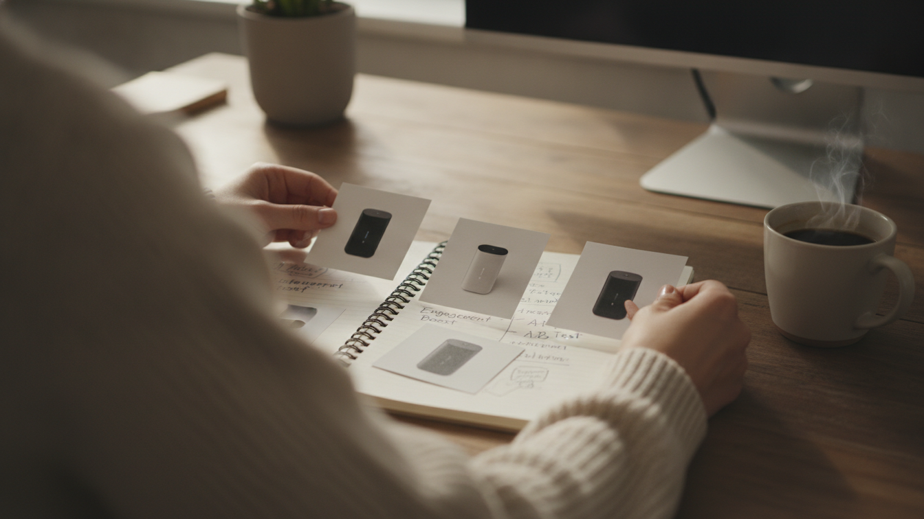 Marketer arranging five short video clips from one product on a warm wooden desk