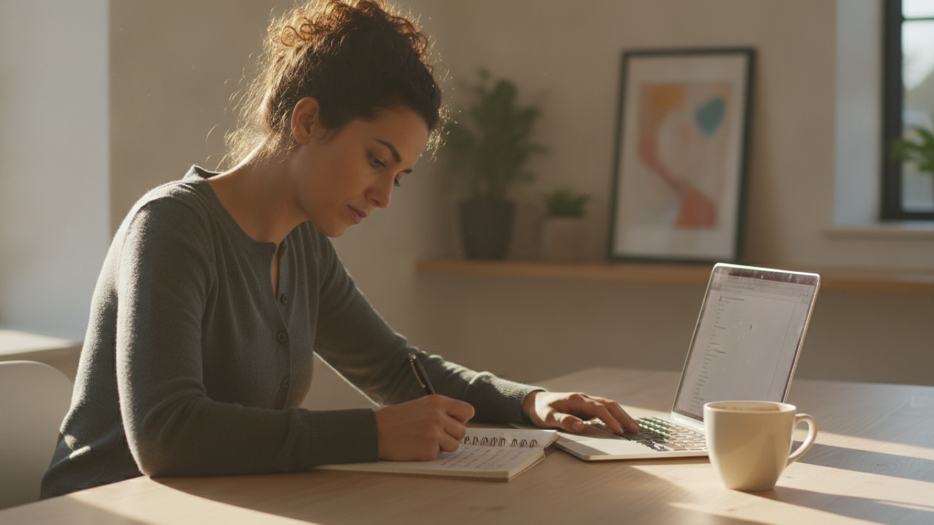 Person drafting a concise video script at a desk before recording