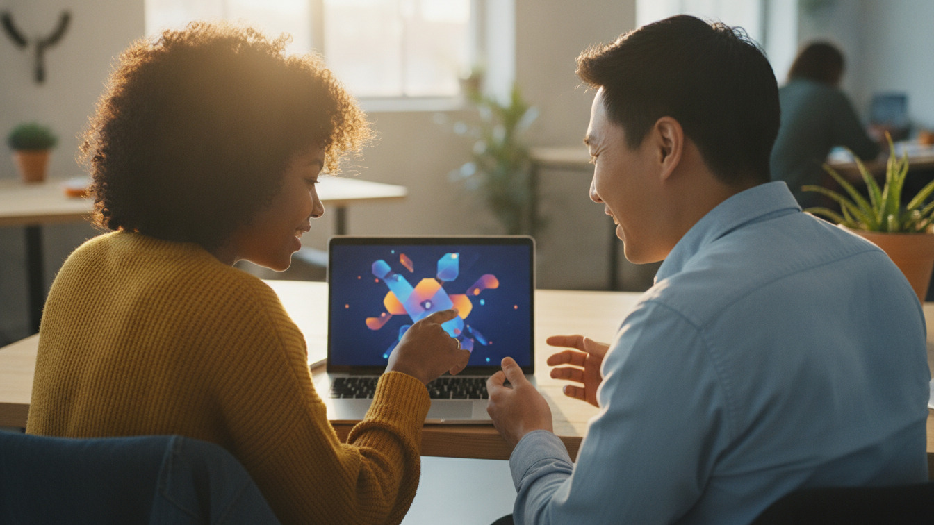 Two coworkers pointing at a laptop screen while planning a product demo video