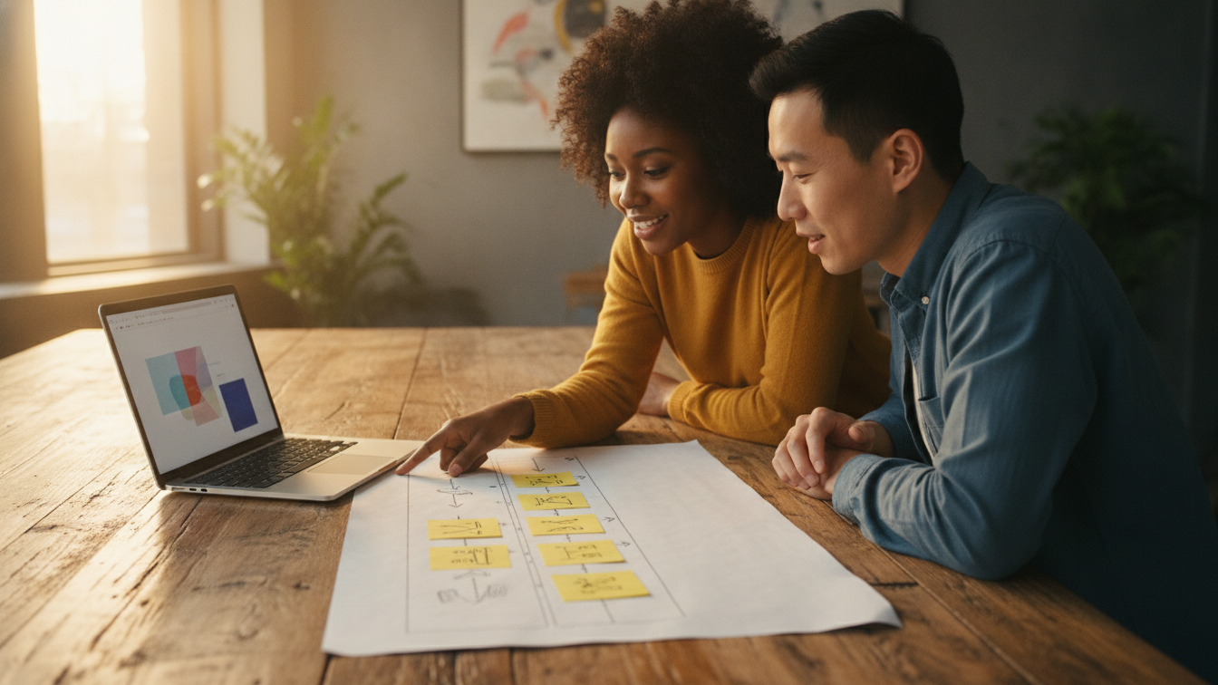 Two colleagues planning a short video structure with sticky notes and a laptop