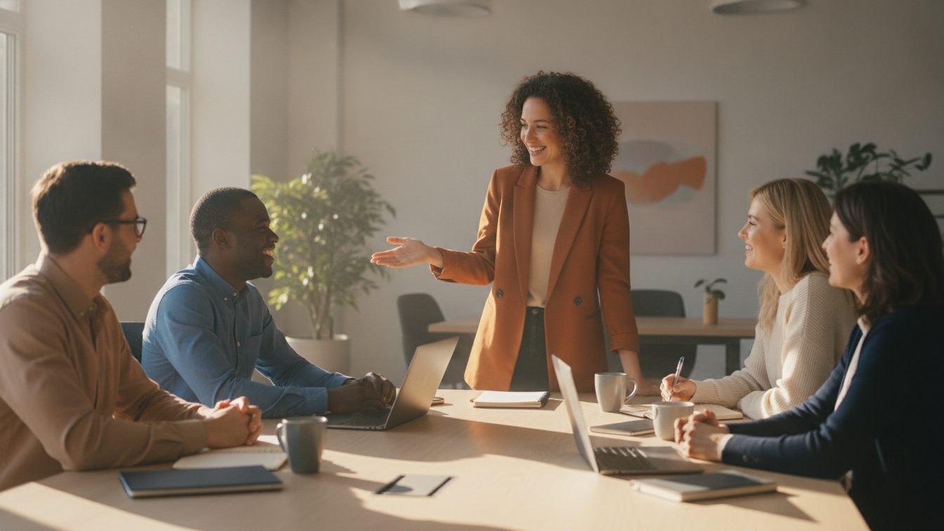 Diverse team collaborating warmly around a table in a bright modern office