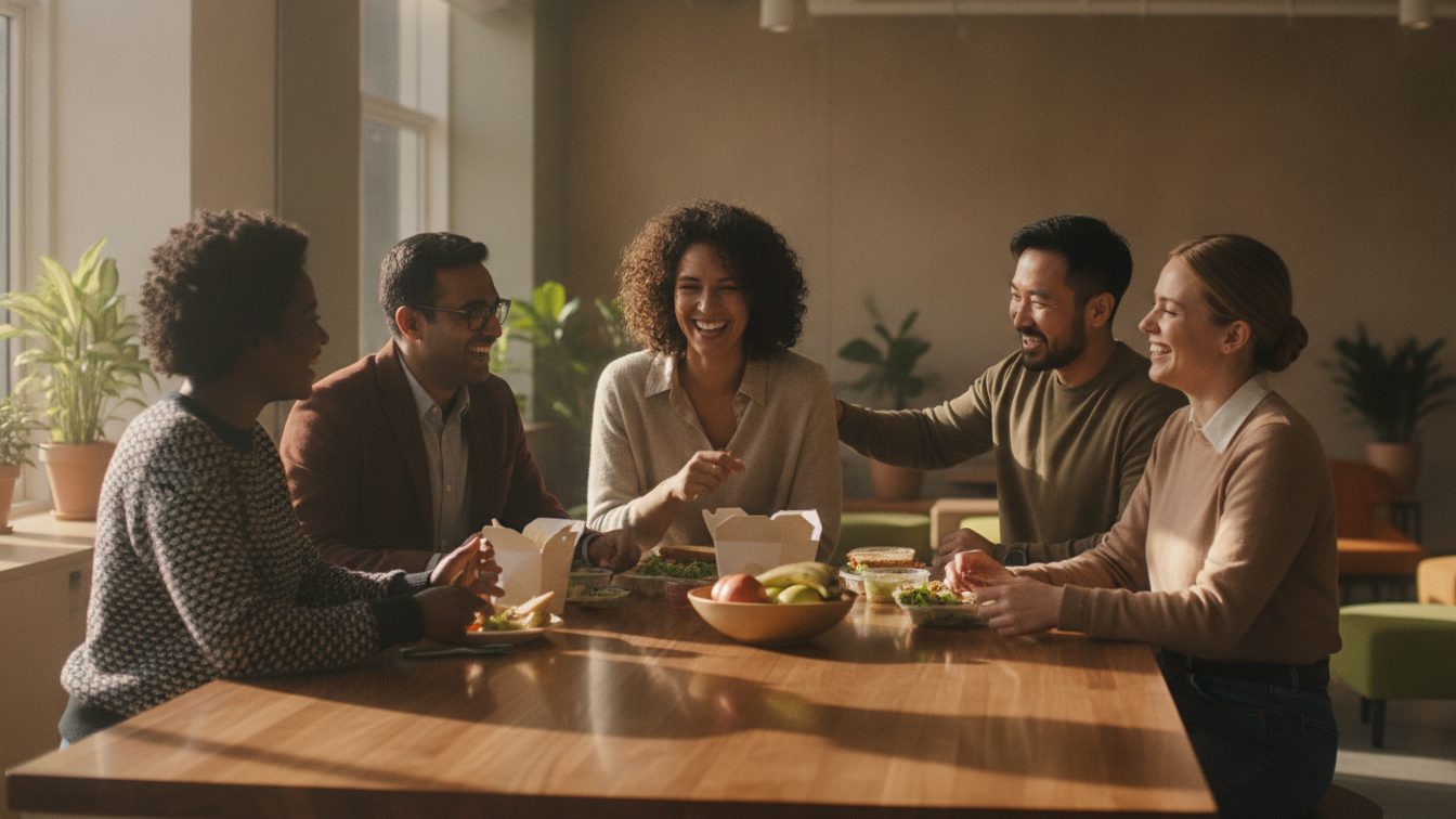 Coworkers sharing lunch and laughing together at a modern office kitchen counter
