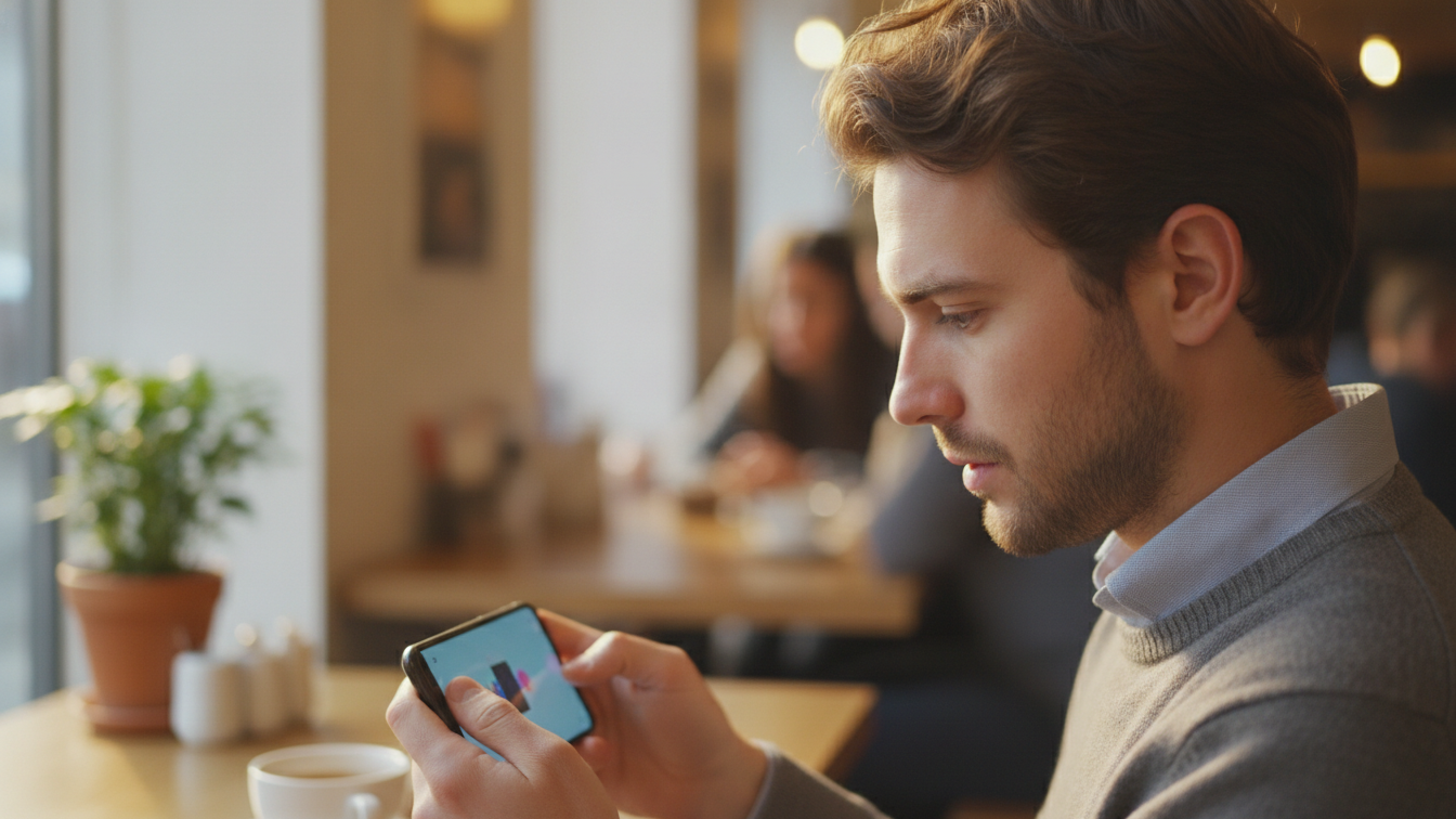 A candidate watching a short recruitment video on a phone in a warmly lit setting