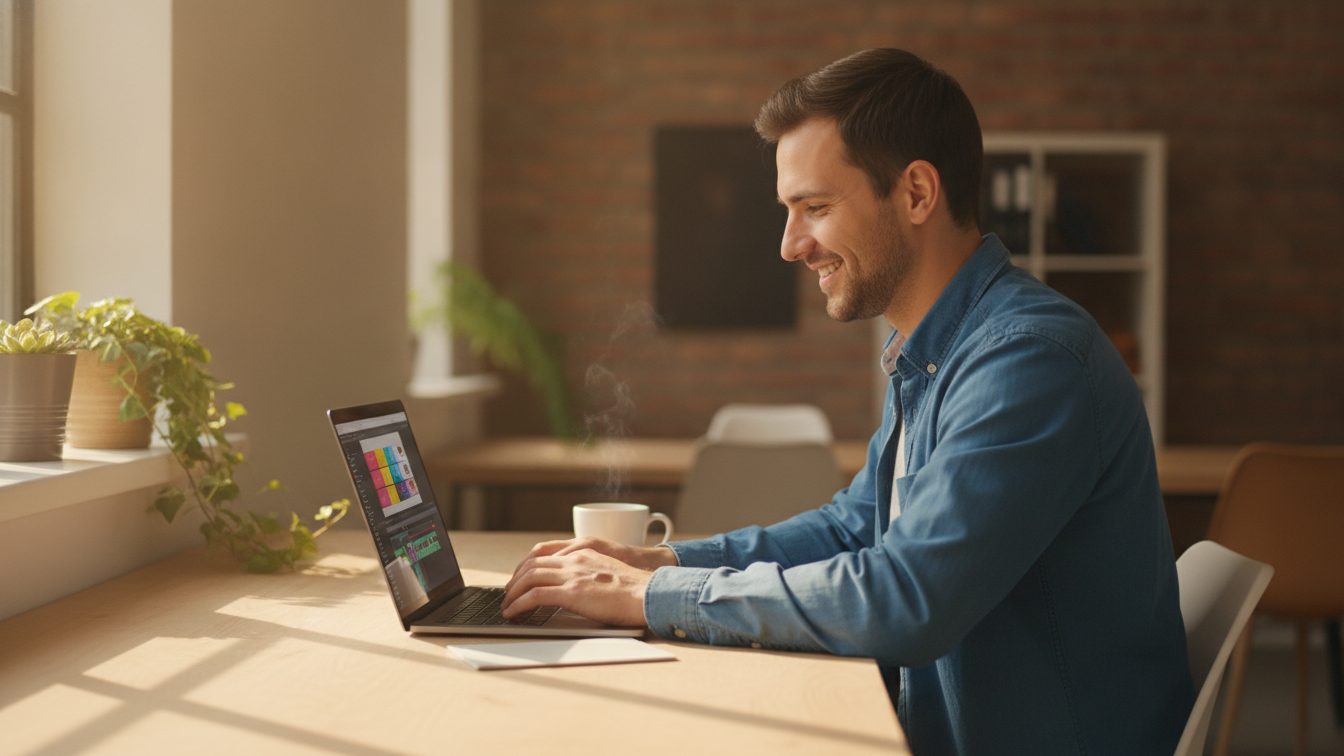 Sales rep at a desk personalizing a short video on his laptop in warm light