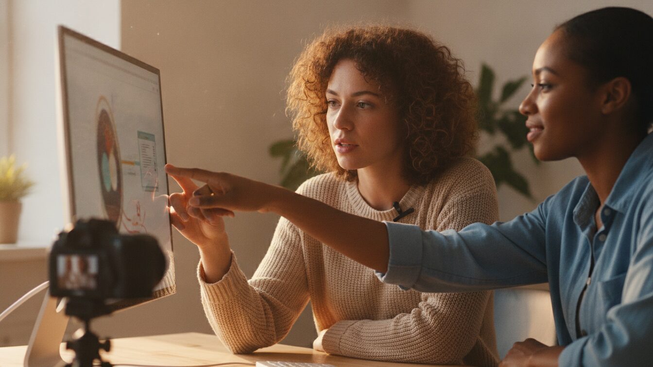 Two colleagues creating a short step-by-step how-to video clip at a desk