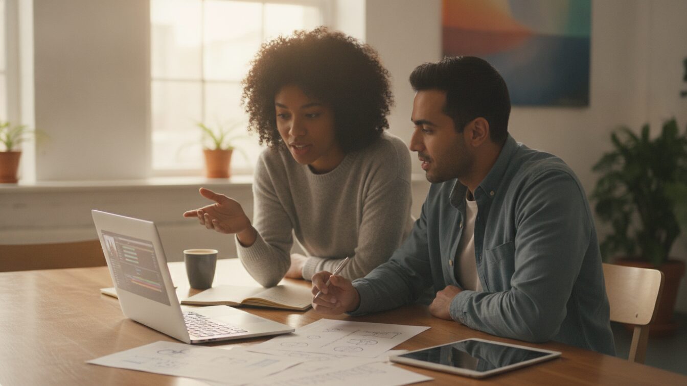 Two colleagues collaborating over a laptop to build a quick sales follow-up video
