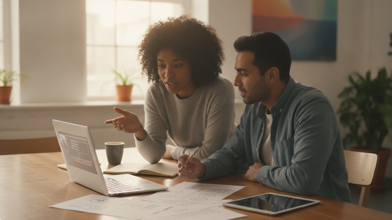 Two colleagues collaborating over a laptop to build a quick sales follow-up video