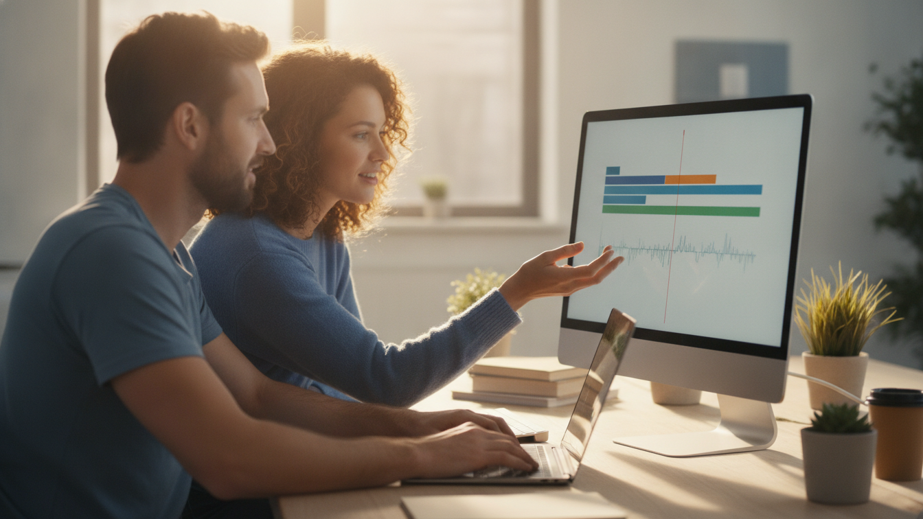 Two coworkers reviewing a video edit together on a shared monitor