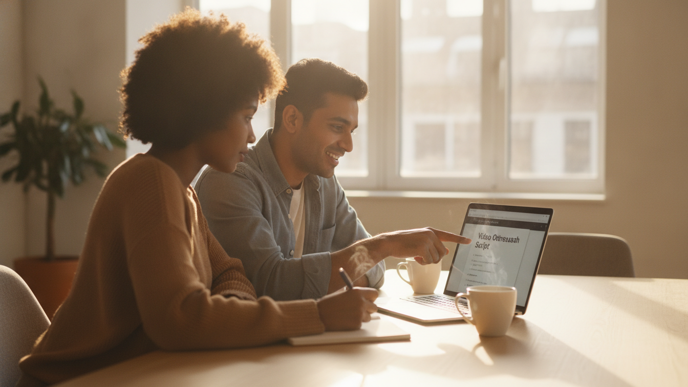 Two sales teammates reviewing a video outreach script together on a laptop